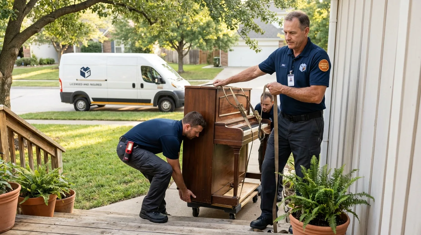 Licensed piano movers securing grand piano in Searsmont, ME