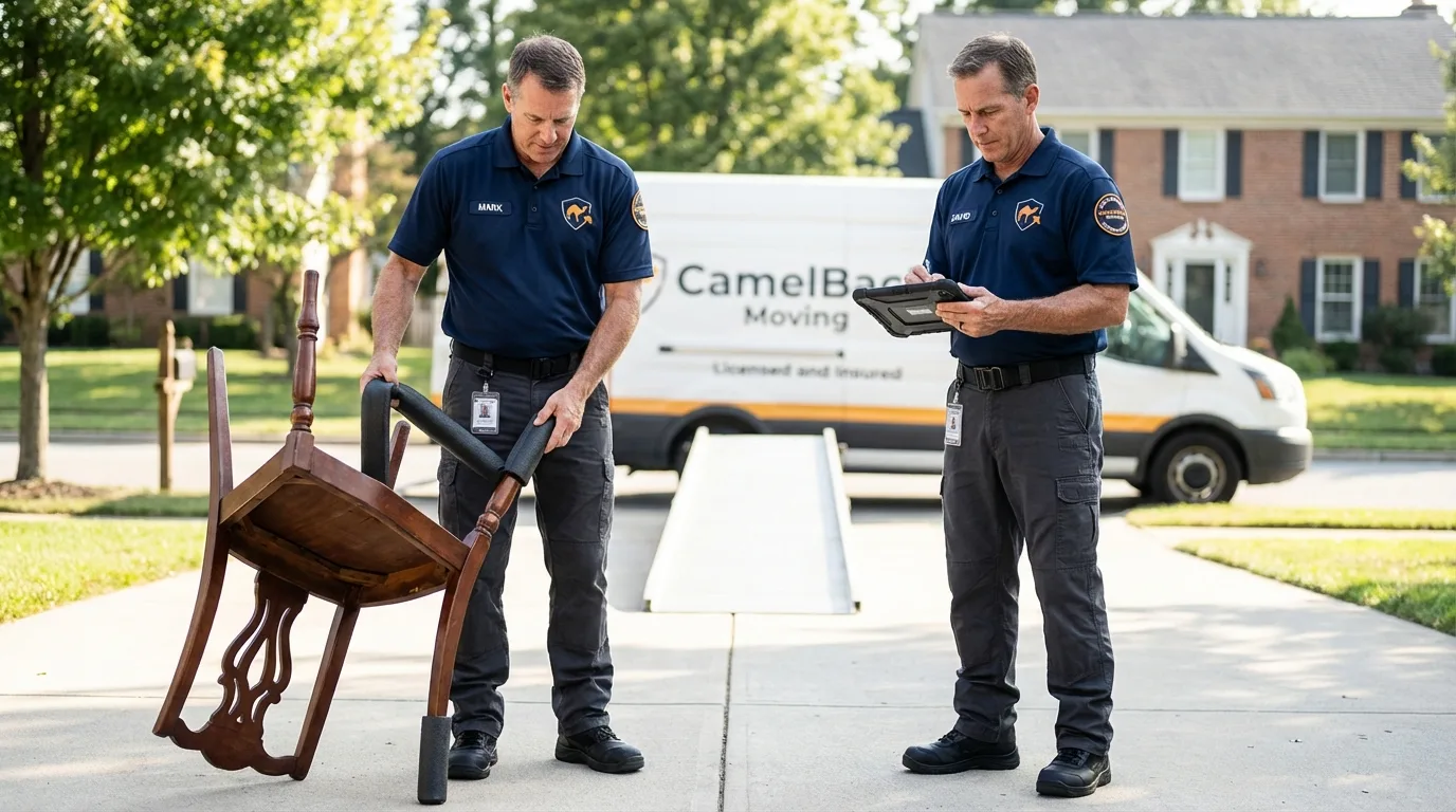 Movers inspecting furniture for damage prevention before loading in Searsmont, ME