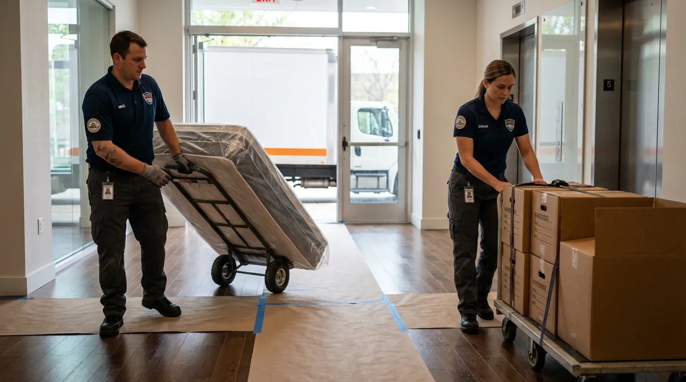 Professional apartment movers loading elevator in Searsmont, ME