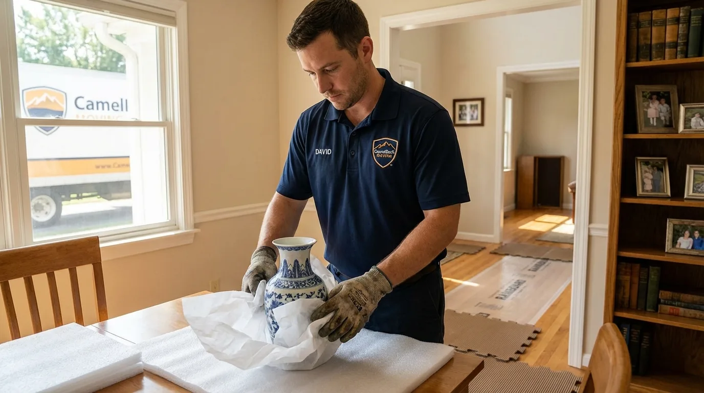 Professional crew carefully wrapping antique vase for senior downsizing move in Searsmont, ME