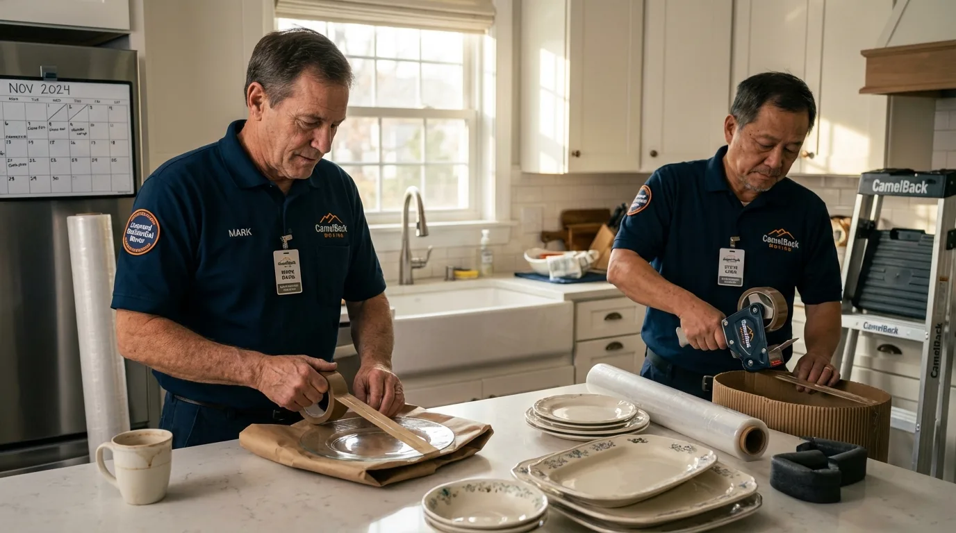 Professional crew packing kitchen dishware in Searsmont, ME
